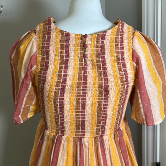 Sezane Magda Mini Dress Cotton Orange Pinstripe Smocked Metallic Sz 36 US S - Picture 12 of 16